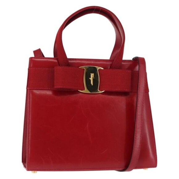 Salvatore Ferragamo Vala Hand Bag Leather 2way Red Gold Auth
